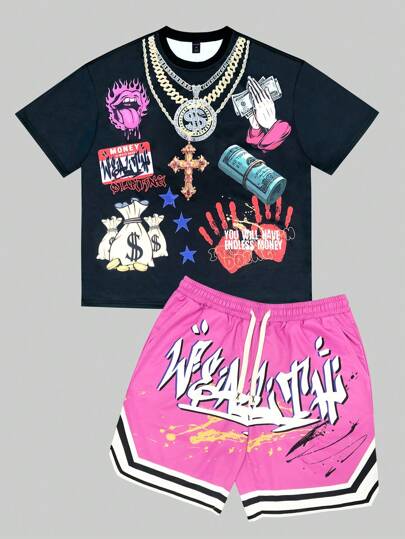 Street Life 2pcs/Set Men's Cross Print Round Neck Short Sleeve Casual T-Shirt And Drawstring Waist Shorts