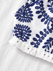 SHEIN Baby Girl Floral Print Racerback Tank Top And Elastic Waist Shorts Set, Vacation Style For Summer - Blue and White - View 4