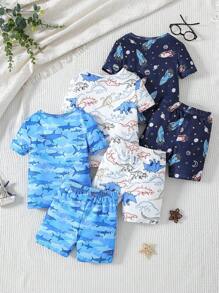 6pcs/Set Young Boy Cartoon Galaxy & Ocean Animal Print Snug Fit T-Shirt And Shorts Pajama Set
