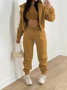 SHEIN Essnce 3 件/套女式單色背心、拉鍊連帽外套和慢跑褲套裝 - 棕色 - 查看 1