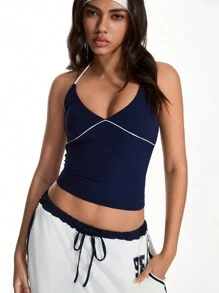 TRNVIE Contrast Trim Halter Casual Tank Top, Minimalist & Fashionable For Daily Casual Wear - Navy Blue - View 6