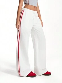 TRNVIE Casual Minimalist Side Contrast Stripe Low Rise Pants For Daily Wear - White - View 4