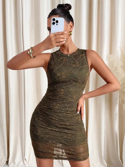 SHEIN Clasi Women's Lace Crew Neck Sleeveless Simple Fitted Pleated Mini Dress Spring Women Outfits