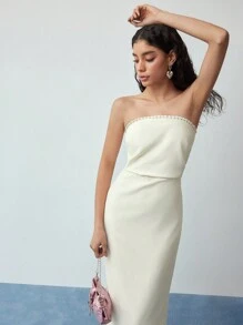 MOTF STUDIO 对比色蕾丝开衩下摆连衣裙 - 杏色 - 查看 7