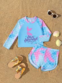 Young Girl Round Neck Long Sleeve Printed Simple Top And Bottoms Swimwear Set