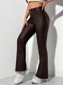 SHEIN PETITE Women's Solid Color Front Button Pocket Minimalist Long Pants, Casual For Daily Wear - Burgundy - View 6
