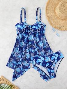 SHEIN 2pcs/Set Women's Knit Floral Print Strappy Backless Beach Spaghetti Strap Dress & Mesh Sexy Elegant Strapless Summer Tankini Swimwear - Multicolor - View 1