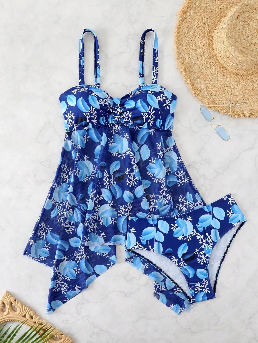 SHEIN 2pcs/Set Women's Knit Floral Print Strappy Backless Beach Spaghetti Strap Dress & Mesh Sexy Elegant Strapless Summer Tankini Swimwear - Multicolor - View 1