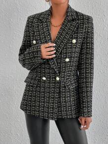 SHEIN Privé Plaid Print Double Breasted Blazer Workwear  - Black - View 6