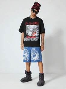 ROMWE MEN Anime 男士动漫人物印花圆领短袖休闲 T 恤 - 黑色 - 查看 2