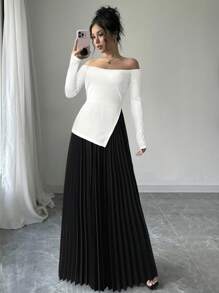 Firerie 女士露肩长袖褶边优雅黑白撞色连衣裙