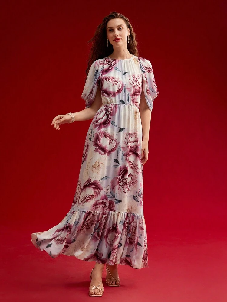FLORAL PRINT RUFFLE HEM DRESS,SPRING/SUMMER