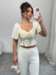 Elenzga Women's Elegant Fashion Date/Holiday Gentle Fairy-Like Ruffle Hem, Floral Decor, Solid Satin Blouse Valentine's Day