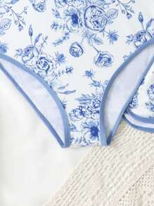 SHEIN 青少年女孩连体泳衣，印花度假连体泳衣泳装，可爱运动连体泳衣 - 藍色 - 查看 5