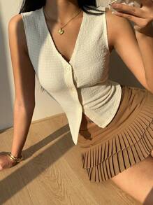 SHEIN EZwear 女式单排扣纹理杏色V领开衫背心 - 杏色 - 查看 6