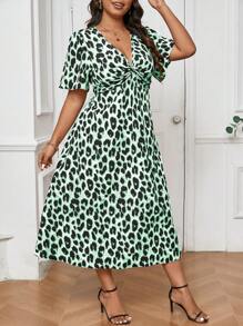 SHEIN Frenchy Plus Size Fall Vintage Leopard Print Short Sleeve Kink Cinched Waist Dress
