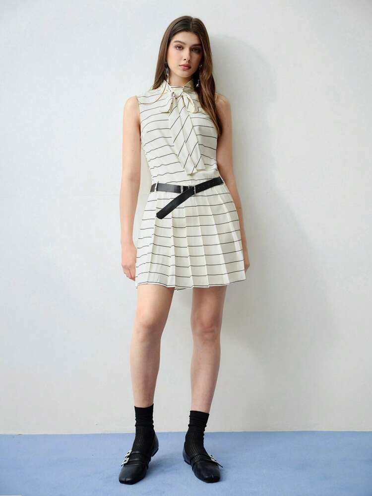 MOTF STUDIO WOMEN'S STRIPED PLEATED DRESS WITH BELT,SPRING/SUMMER