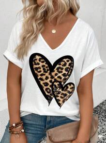 INAWLY Plus Size V-hals Korte Mouw Omslag Manchet Luipaard Print & Hart Grafisch Casual Veelzijdig T-shirt, Lente/Zomer