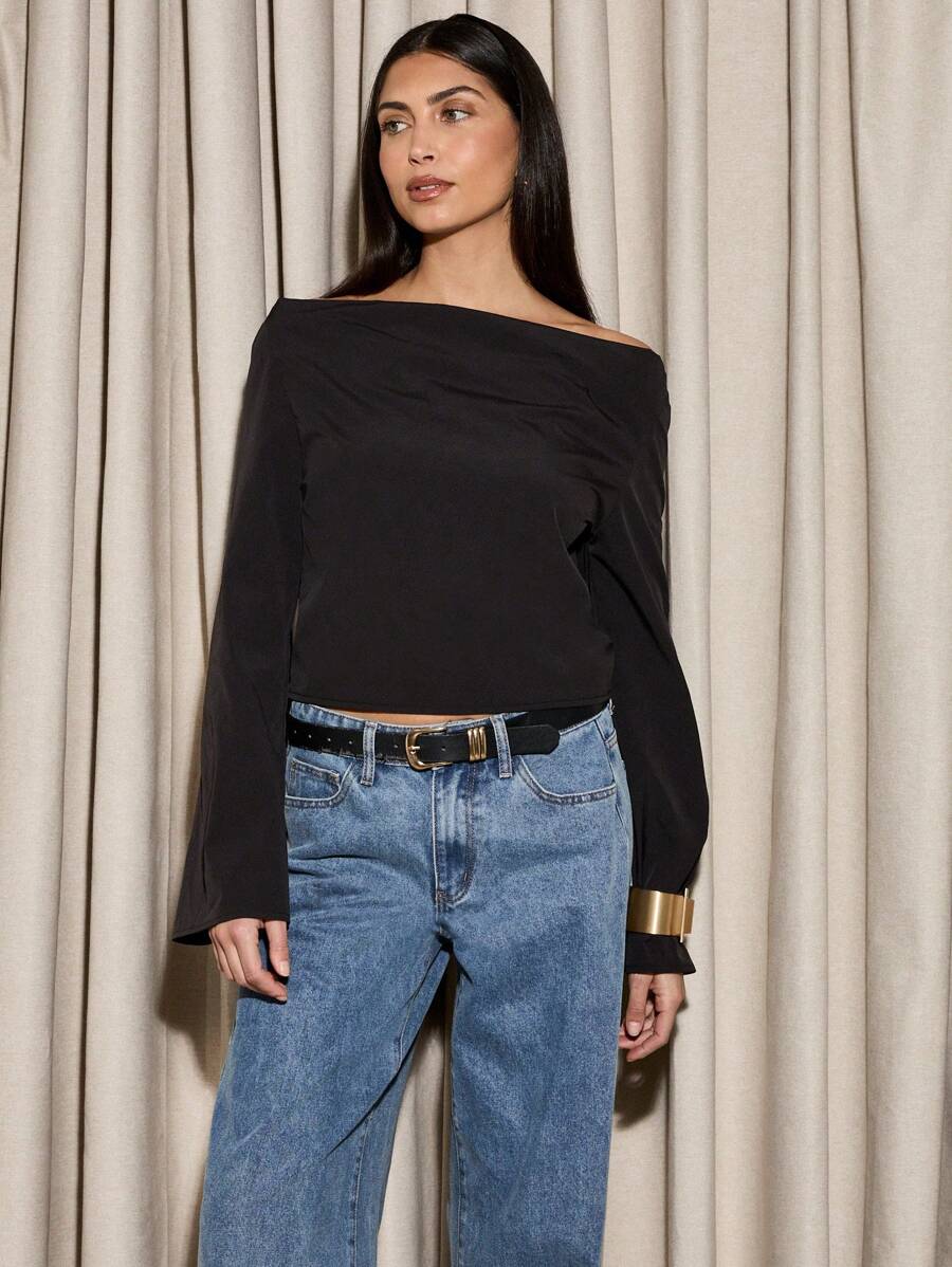 AiiRZ 优雅露肩喇叭袖衬衫短款上衣派对晚会正式约会夜时尚个性单品秋冬假日季 - 黑色 - 查看 1