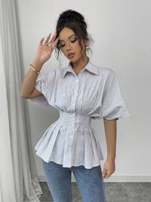 Chiquease Áo cánh tay ngắn tay bồng, đơn hàng khuy, bó eo, viền bèo kẻ sọc thanh lịch - Cà phê nâu - Xem 4