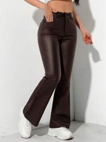 SHEIN PETITE Women's Solid Color Front Button Pocket Minimalist Long Pants, Casual For Daily Wear - Burgundy - View 5