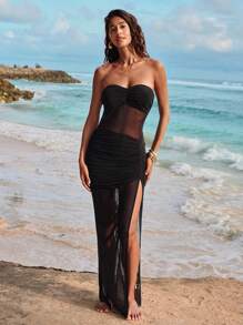 Opulessa Women Long Asymmetrical Hemline Solid Color Knit Mesh Form-Fitting Dress