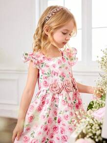 SHEIN Robe de jeune fille à manches volantées avec imprimé de fleurs Ditsy pour Pâques, Glow Young