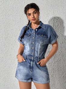 SHEIN EZwear Women's Simple & Fashionable Casual Denim Jumpsuit With Adjustable Suspenders - Medium Wash - View 4