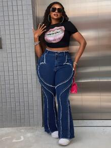 SHEIN SXY Plus Size Women Elastic Distressed Jeans With Frayed Hem Design, Skinny Flare Jeans