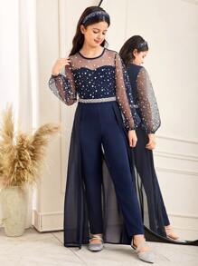 SHEIN Tween Girls Elegant Round Neck Mesh Puff Sleeve 2 In 1 Bottom Jumpsuit, Mommy & Me Matching Outfit - Royal Blue - View 6