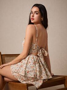 Poéselle 满身花卉印花系带露背多层下摆吊带连体衣茶会装婚礼女士连体衣女式连体衣荷叶边裙连体衣 - 杏色 - 查看 4