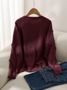 CosyJoli Plus Size Women Crew Neck Fuzzy Edge Loose Casual Comfortable Pullover Sweater - Burgundy - View 2