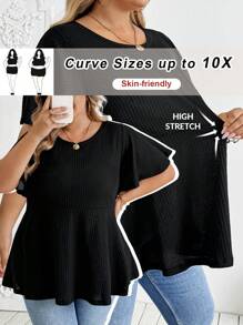SHEIN CURVE+ Plus Size Women A-Line Short Sleeve Black T-Shirt Top, Versatile Casual Holiday