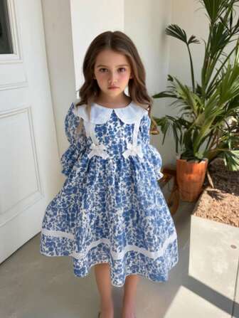 SHEIN Elladie kids 年轻女孩可爱优雅碎花蕾丝领、荷叶边泡泡袖时尚连衣裙，适合度假、日常家庭聚会、春夏季