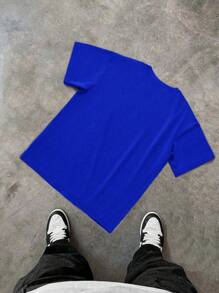 PAVTROS Manfinity Streetrush 男士撞色印花圆领短袖T恤，Y2K风格，万圣节派对，街头服饰 - 寶藍色 - 查看 2