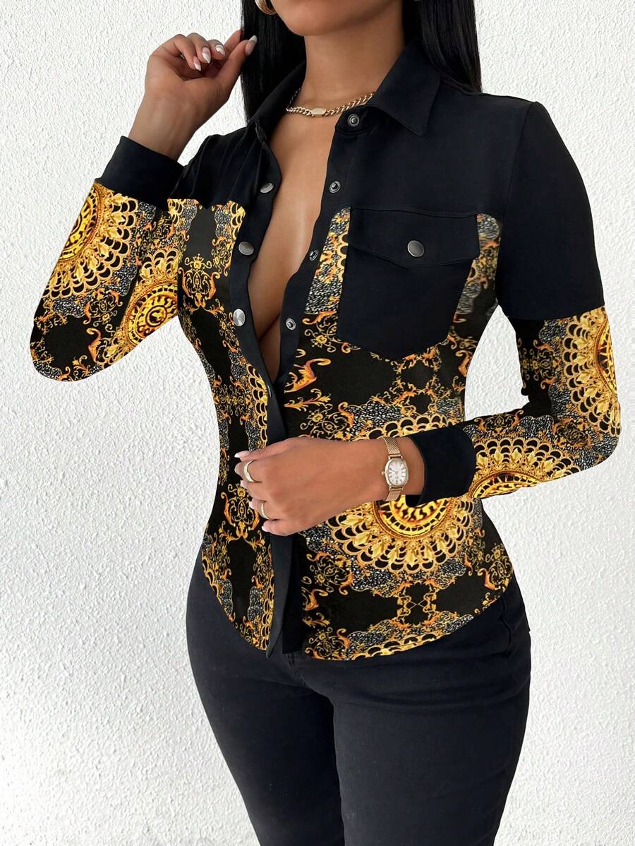 SHEIN LUNE Women's Front Button Long Sleeve Solid Color Patchwork Casual Shirt Fall Cloth For Women - Yellow - View 1