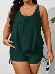 Swim Lushoire Summer Plus Size Solid Color Casual Sleeveless Ruched Simple Bikini Top - Dark Green - View 1
