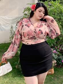 Dazy Plus Blouse en mousseline de soie à manches lanternes avec imprimé floral, grande taille, pour vacances. Top à manches longues pour le printemps/été - Rose bonbon - Voir 5