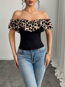 Selianne Women's Fashion Off Shoulder Ruffled Leopard Print Color Block Patchwork T-Shirt, Spring/Summer - Black - View 4