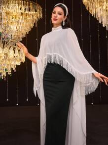 Modelyn 女士保守休闲流苏撞色长袍连衣裙