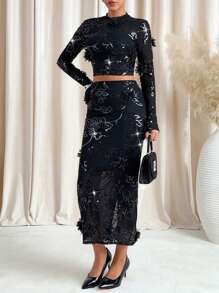 Lavishia Women's Embroidered Mesh Valentine's Day 2pcs Set, Sexy & Elegant Fashion Festival - Black - View 3