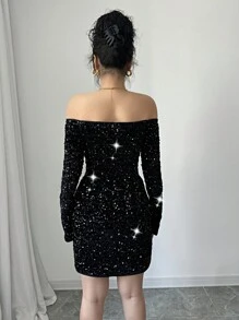 Elenzga New Women's Off Shoulder Dress Party Style Shiny High-End Tight Sexy Hip-Wrapped Long-Sleeved Party Dress - Black - View 3