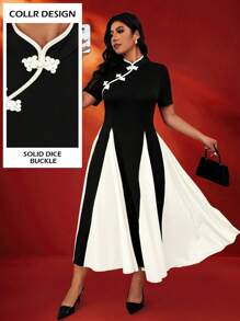 Celure Plus Size Qipao Style Mock Neck Slit Hem Short Sleeve Button Down Flare Dress, For Valentine's Day, Chinese New Year, Holidays