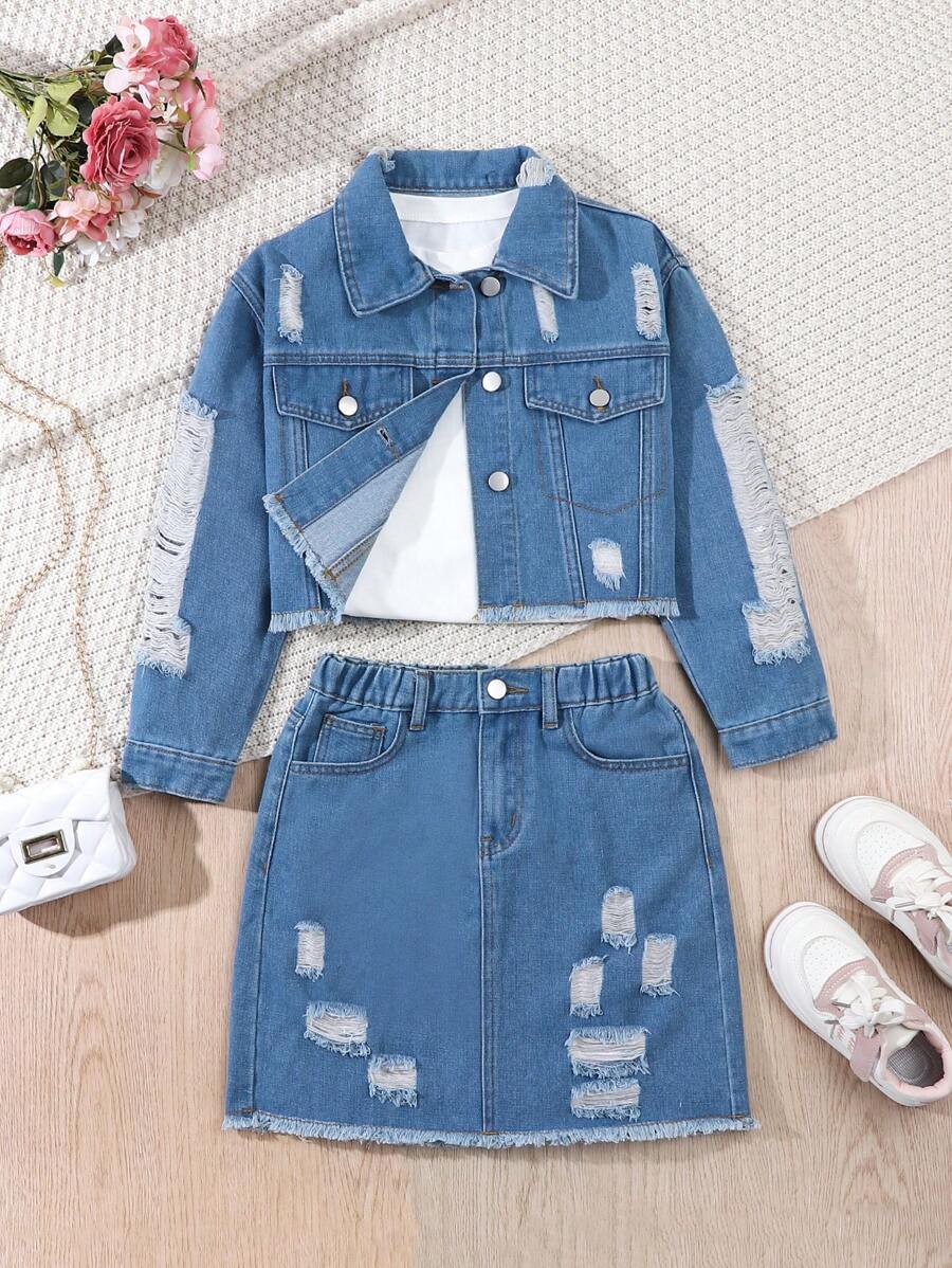 Sparklyn Tween Girls Y2K Pastel Pink Distressed Cropped Jacket, Drawstring Waist Denim Skirt 2 Pieces Set - Light Wash - View 1