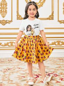 SHEIN Lässiges Zweiteiler Set für Kleine Mädchen - T-Shirt mit rundem Ausschnitt und Cartoon Mädchen Motiv, Kurzarm + Rock mit Rüschensaum und Rosen Blumen Muster, Frühling/Sommer - Gelb - Übersicht 5