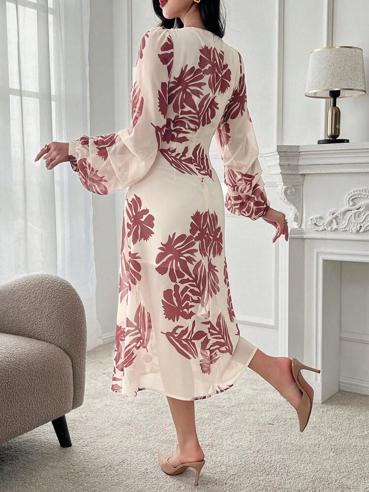 V-Neck Puff Sleeve Mid-Length Floral Print Dress For Women,Fall Dress Long Sleeve Dress Vacation Outfits Women Maxi Dress Boho