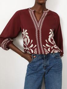 Aveloria Modichic 度假波西米亚风复古印花 V 领长袖衬衫 - 彩色 - 查看 6