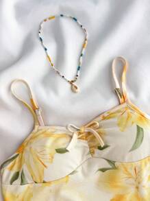 Girlism Tween Girl 黄色花卉印花度假风格优雅吊带迷你连衣裙，夏季服装 - 黃色 - 查看 4