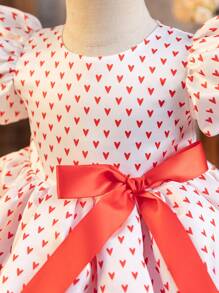 Glamorique Kids Princess Tulle Dress, Valentine's Day Satin Red Heart Print, Baby Girl Puffy Tulle Dress, Party/Festival Gown With Red Ribbon Bow, Cute Everyday Dress, All Season - White - View 8
