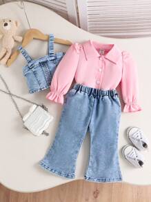 Set de 3 piezas para niñas bebé con estilo de moda callejera: chaleco, blusa y pantalón de pierna ancha, para primavera y otoño - Azul - Ver 3